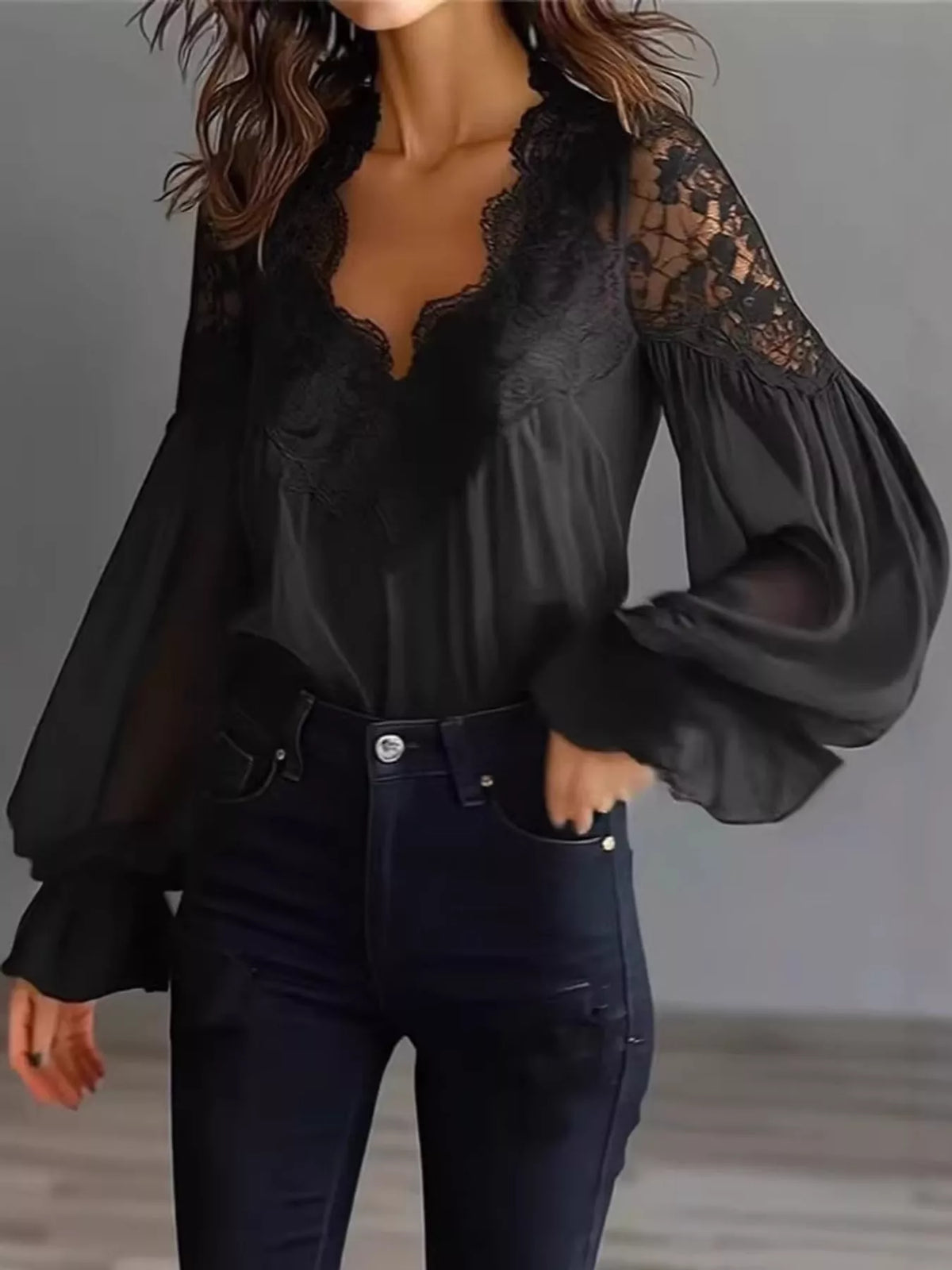Full Size Lace V-Neck Flounce Sleeve Blouse Plus Size