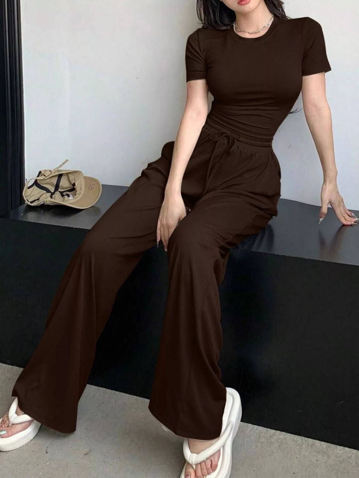 Solid Color Short Sleeve Crop Top and Wide Leg Pants Set