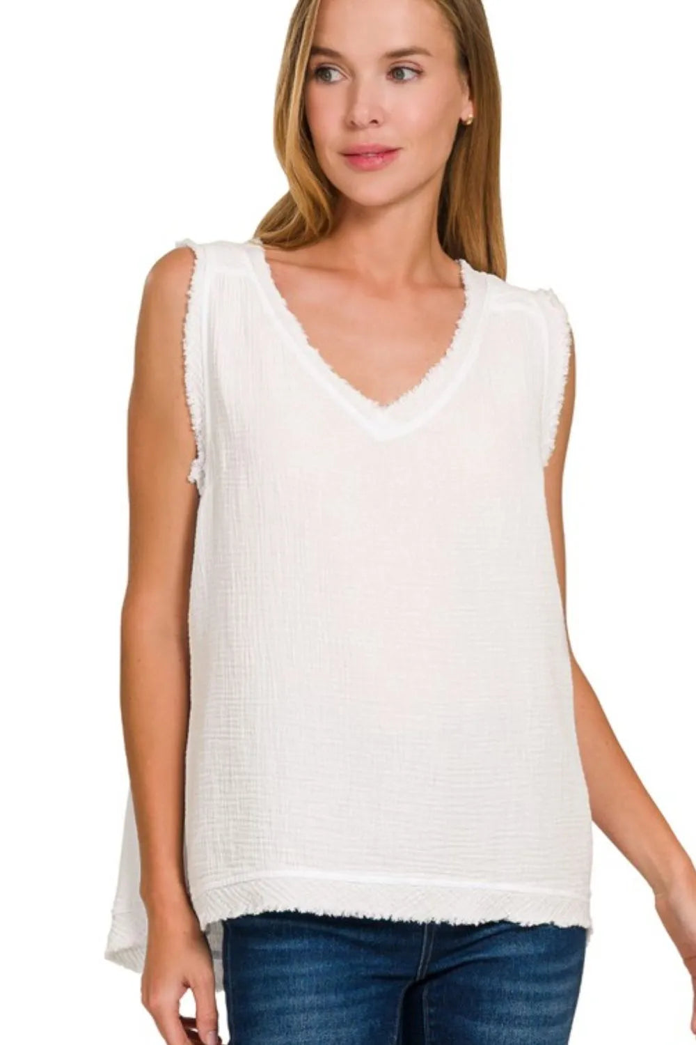 White Double Gauze Raw Edge V-Neck Tank Top