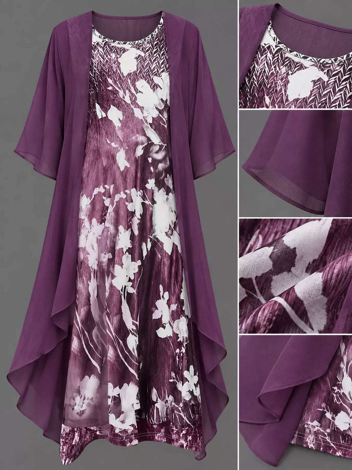 Full Size Floral Print Midi Dress and Chiffon Cardigan Set Plus Size