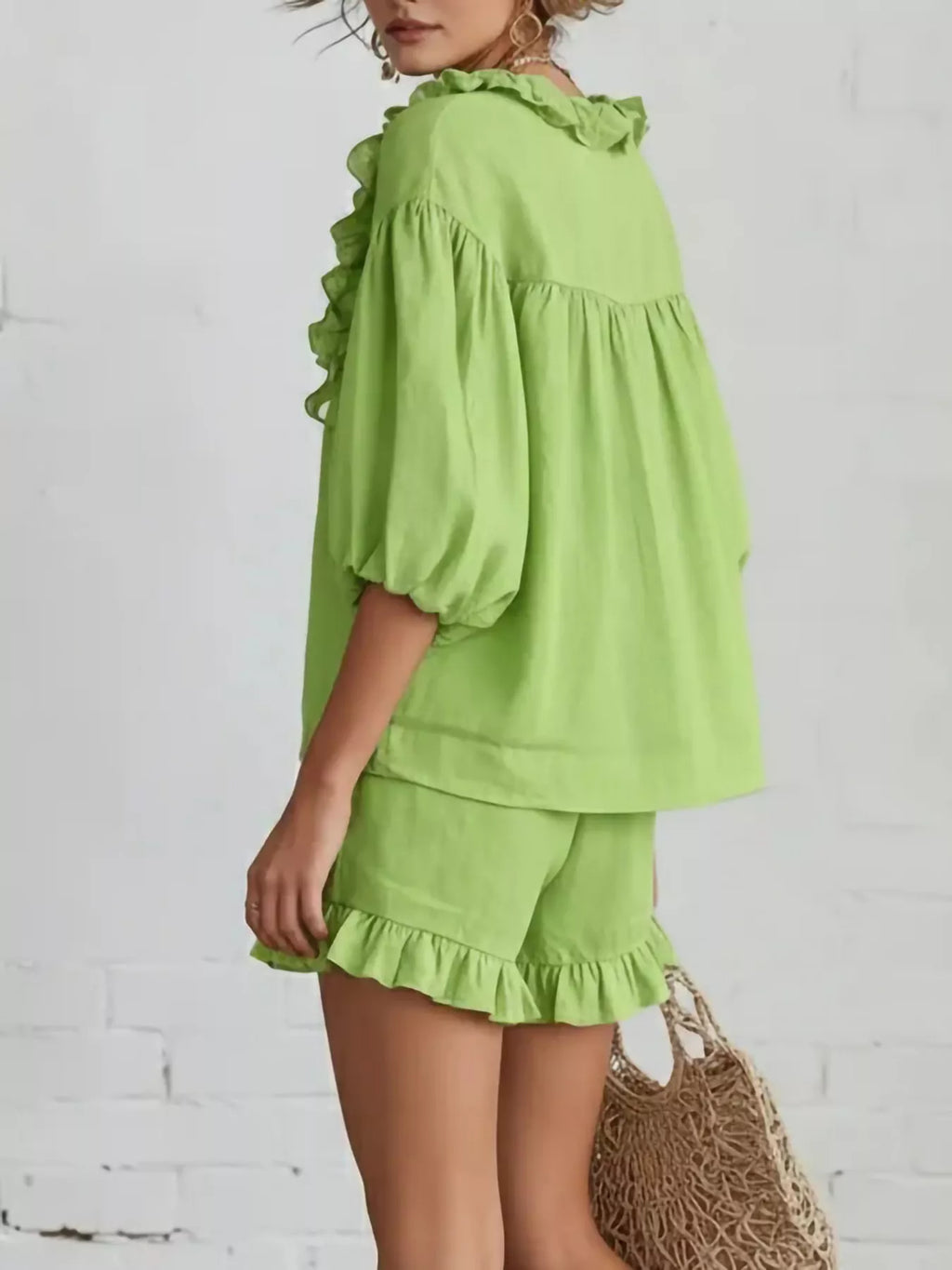 Ruffled V-Neck Blouse and Shorts Set