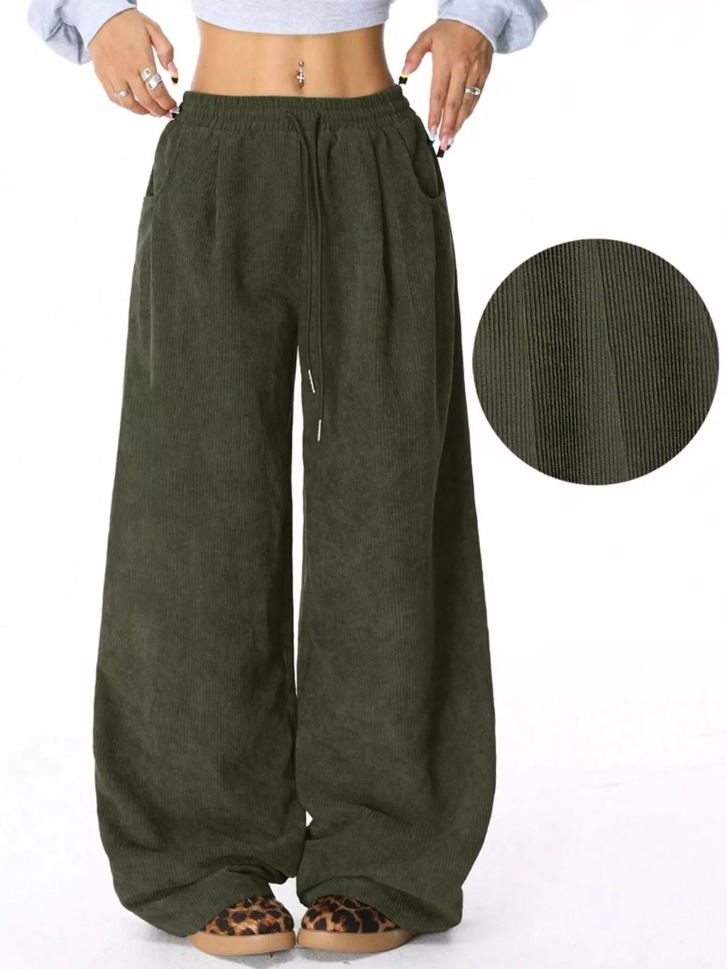 Wide Leg Corduroy Drawstring Pants