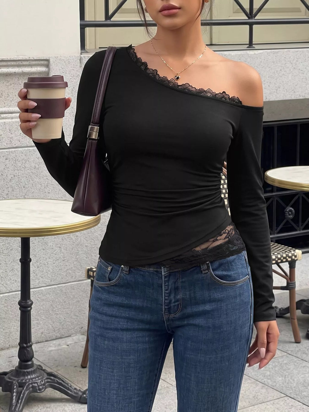 One-Shoulder Lace Trim Slim Fit T-Shirt