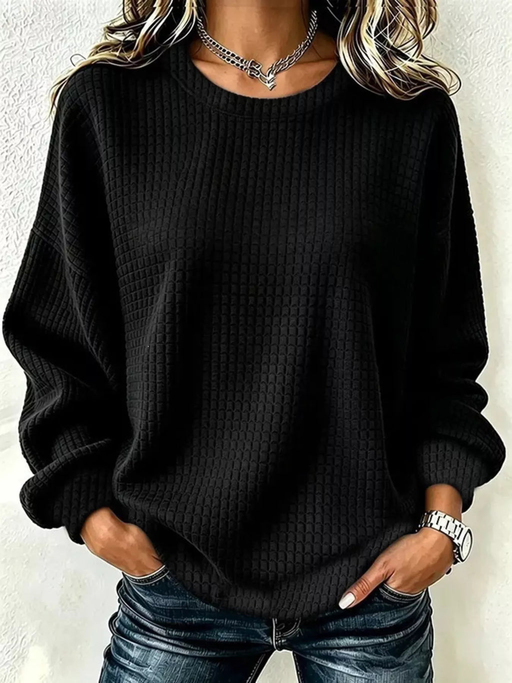 Full Size Textured Crew Neck Long Sleeve Sweatshirt Plus Size