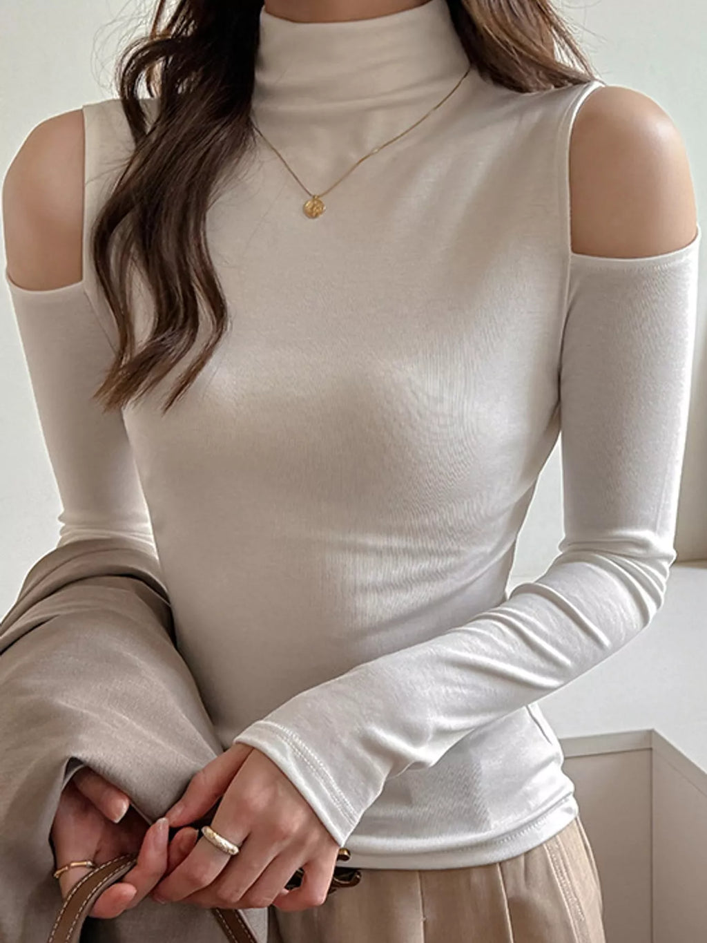 Mock Neck Cold-Shoulder Slim-Fit T-Shirt