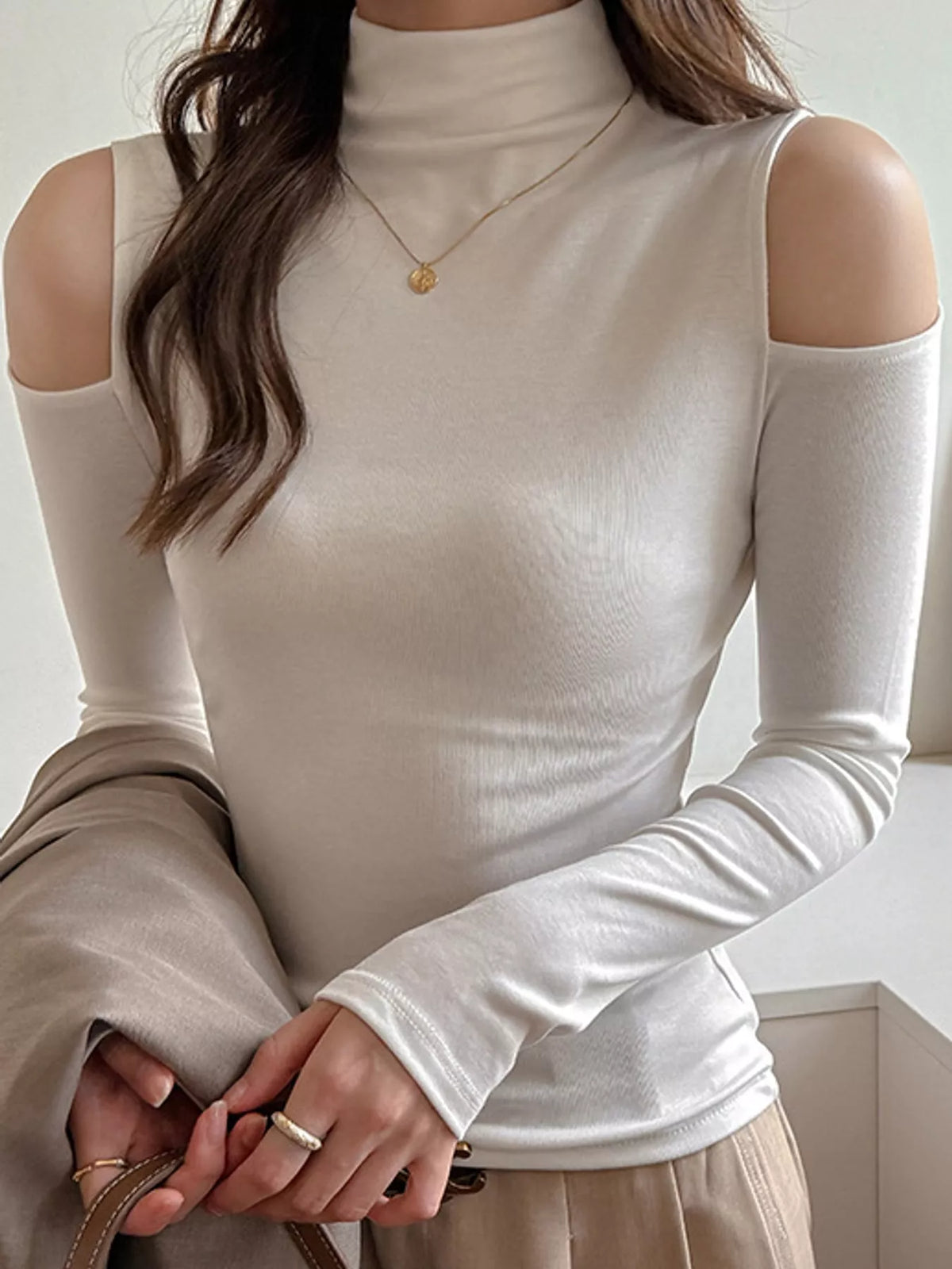 Mock Neck Cold-Shoulder Slim-Fit T-Shirt