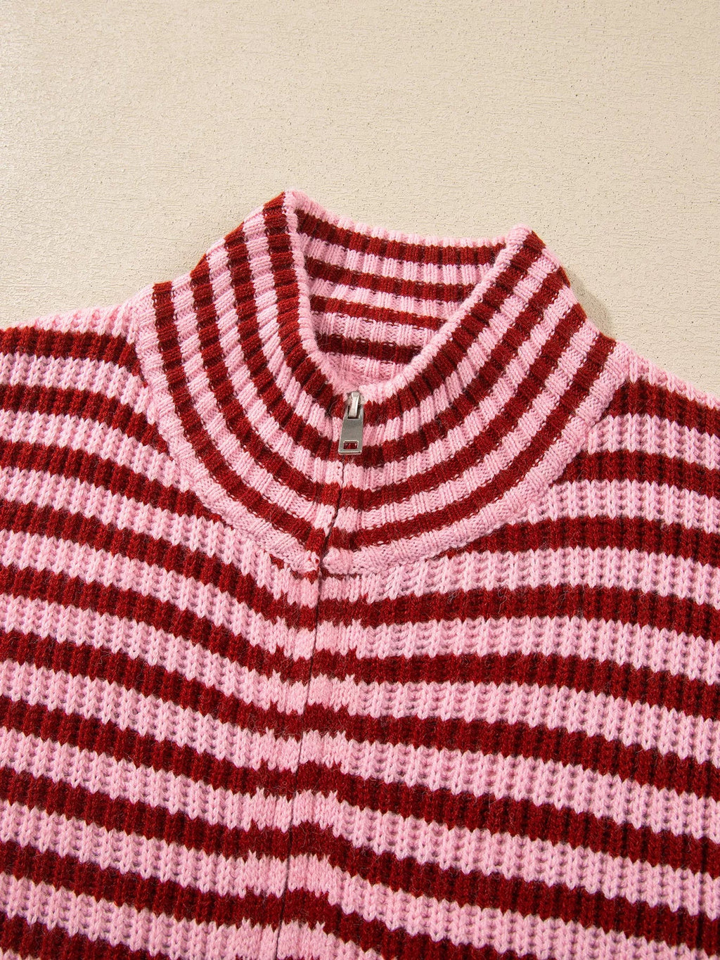 Striped High Neck Zip-up Sweater Long Sleeve Casual Fit Drop Shoulder Open Front Cardigan