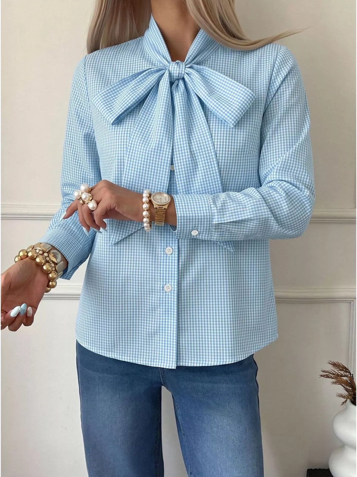 Gingham Bow-Tie Neck Long Sleeve Shirt