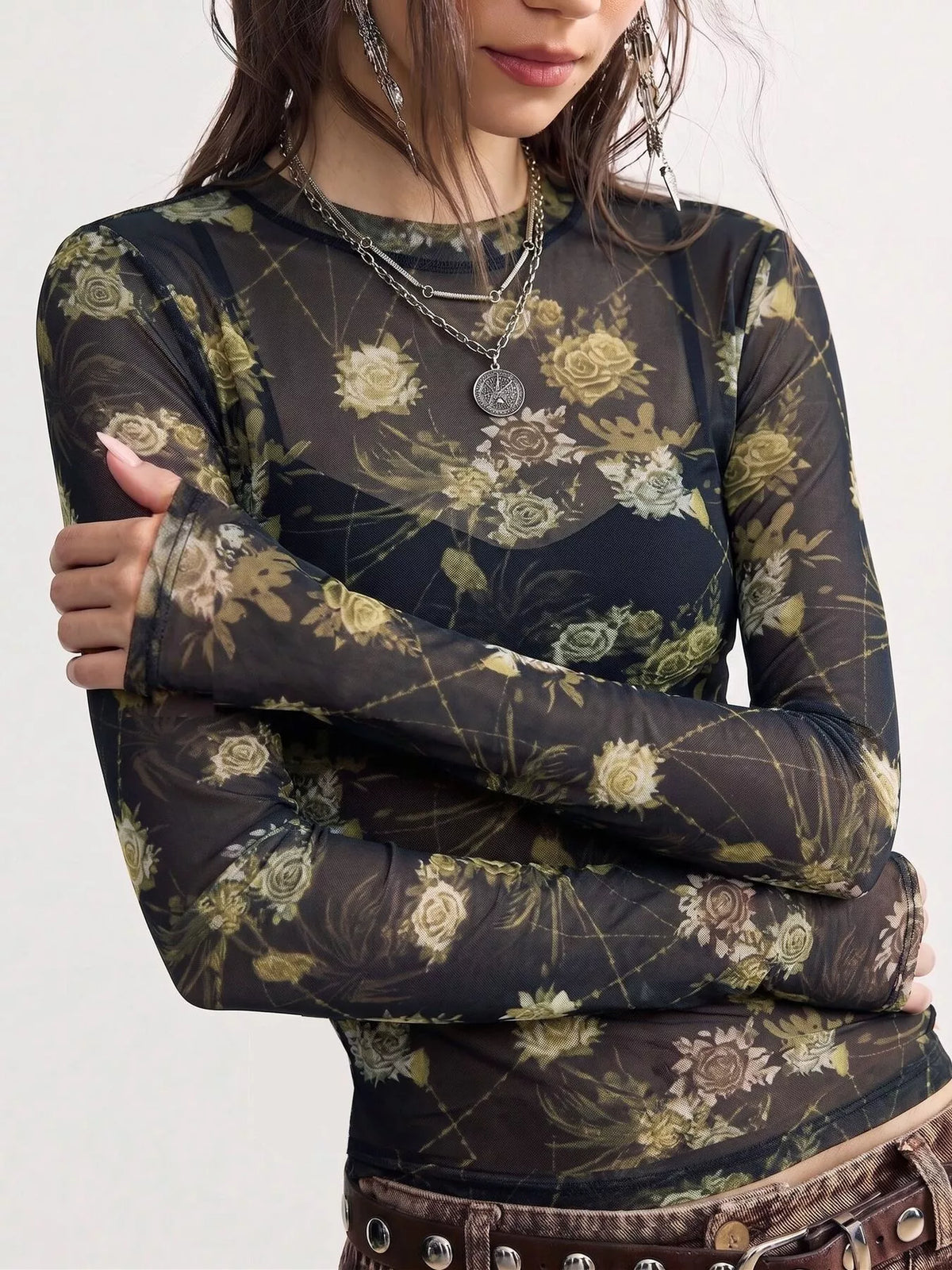 Floral Print Sheer Mesh Long Sleeve T-Shirt