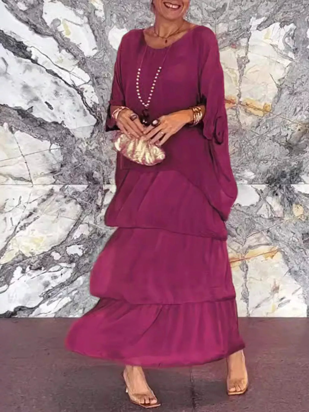 Full Size Layered Batwing Sleeve Maxi Dress Plus Size