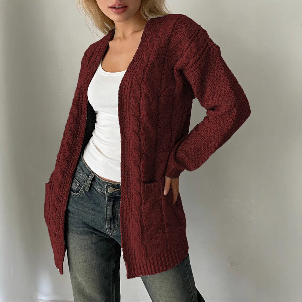 Solid-color Cable-knit Pocket Jacket For Women