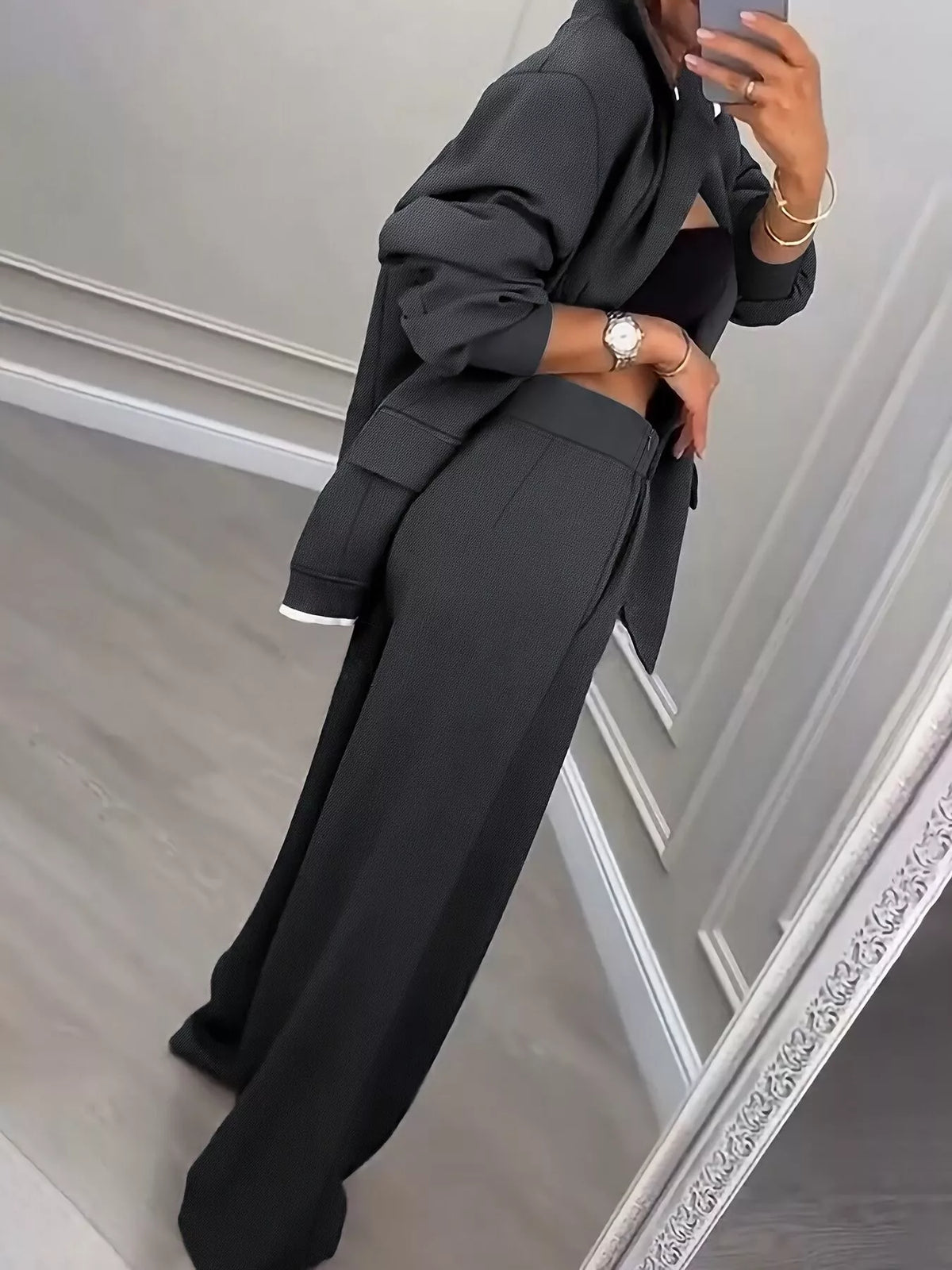 Lapel Collar Blazer and Wide-Leg Pants Two-Piece Set