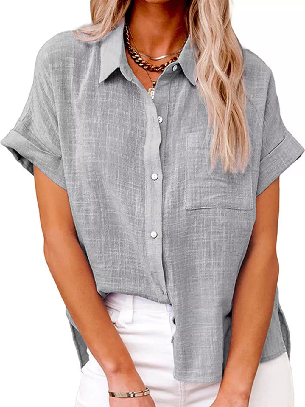 Full Size Button Up Short Sleeve Shirt Plus Size