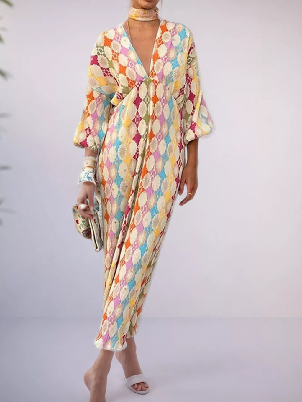 Full Size V-Neck Multi-Color Geometric Print Maxi Dress Plus Size