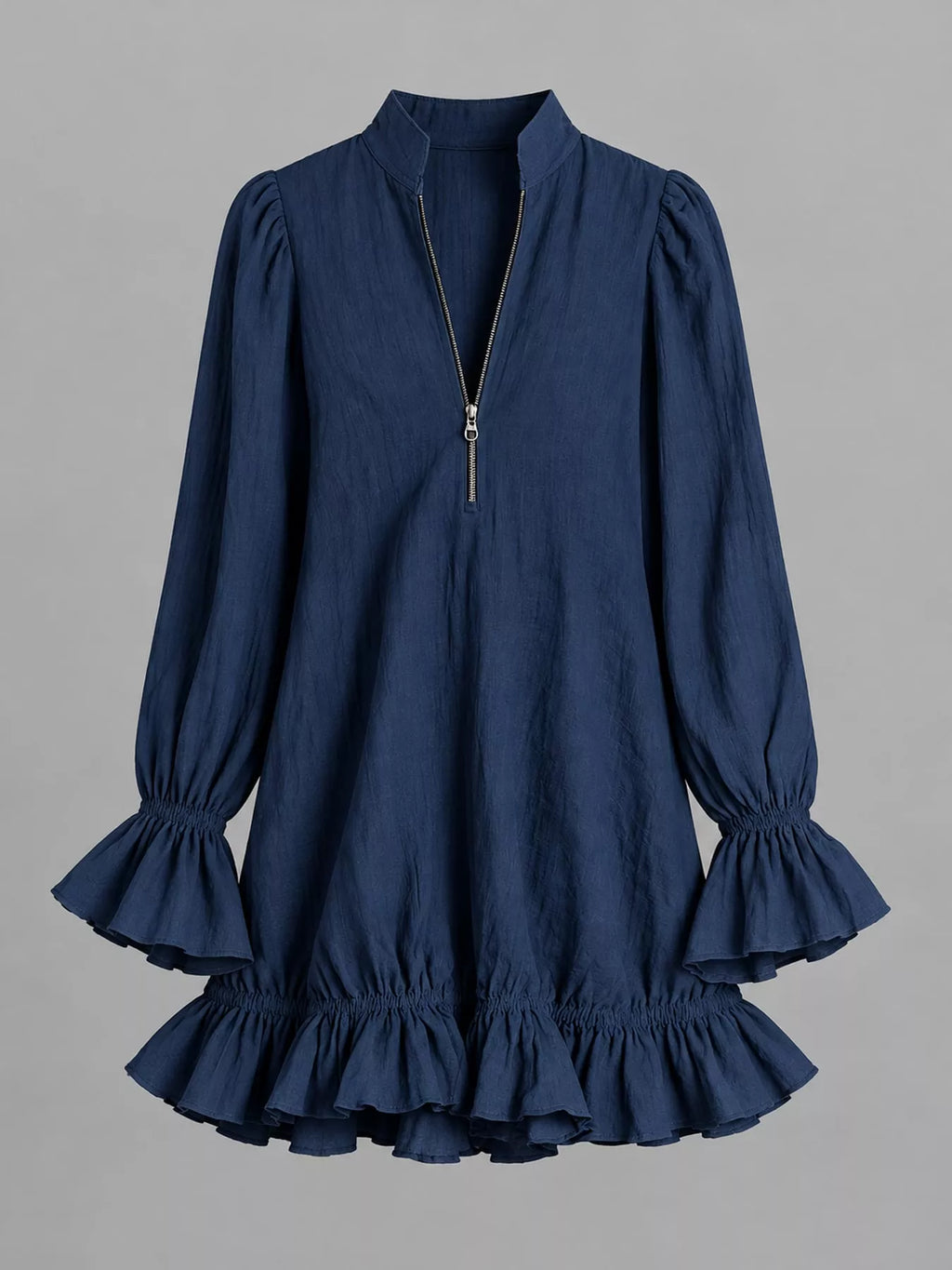 Zipper-Front Ruffle Hem Mini Dress