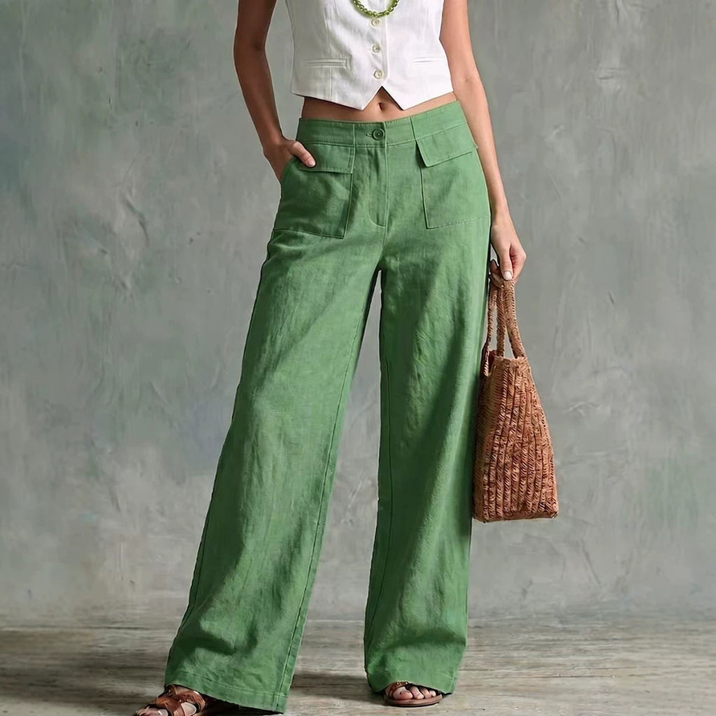 Women's Solid Color Loose Fit Casual Pants - Elastic Waist Trousers for Daily Wear