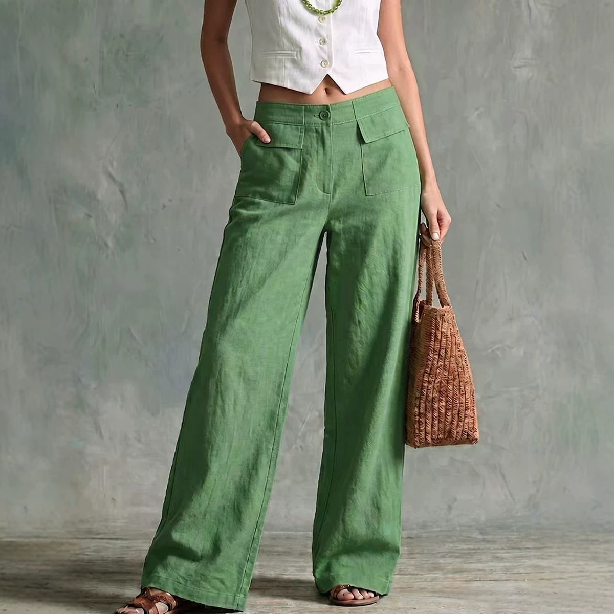 Women's Solid Color Loose Fit Casual Pants - Elastic Waist Trousers for Daily Wear