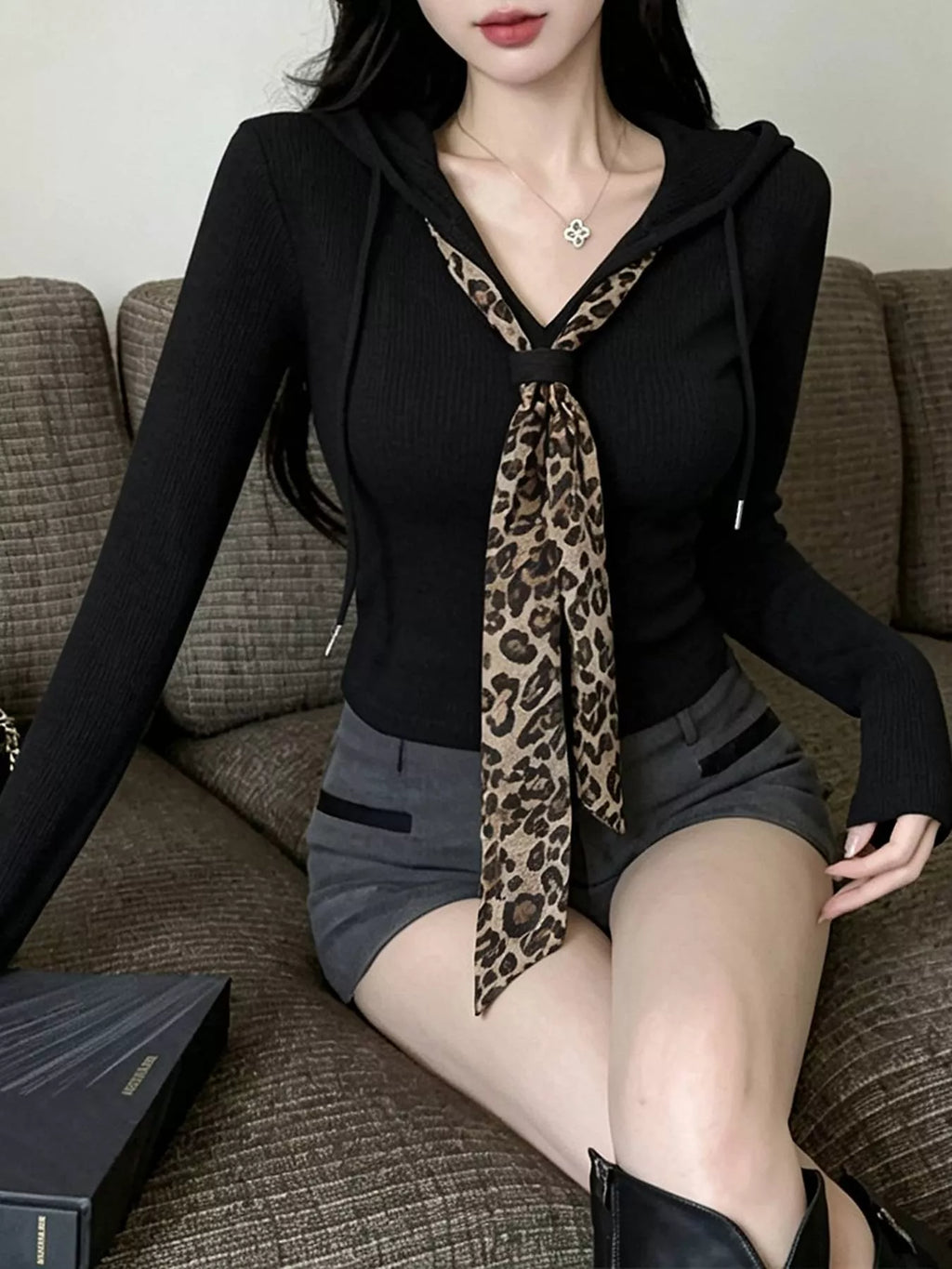 Chic Long Sleeve Hooded T-Shirt with Leopard Scarf Detail