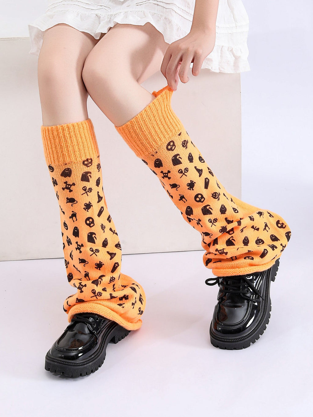 Women Girls Neon Halloween Print Knit Flared Leg Warmers Slouch Socks For Party Clubwear