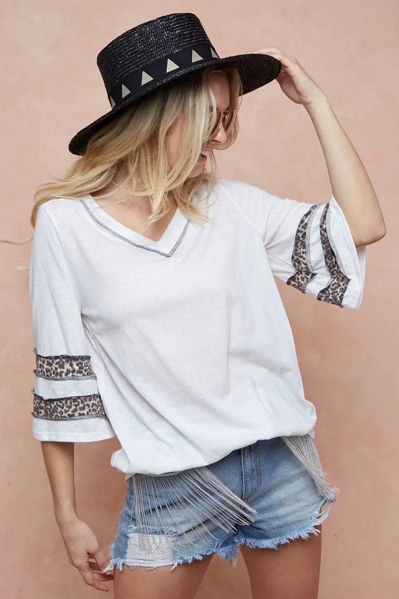 BiBi Triblend Knit Top with Leopard Band Detail