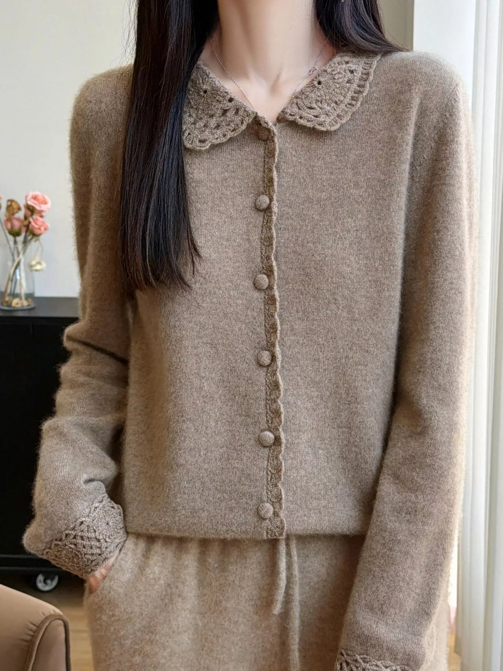 Lace-Collar Button Down Knit Cardigan