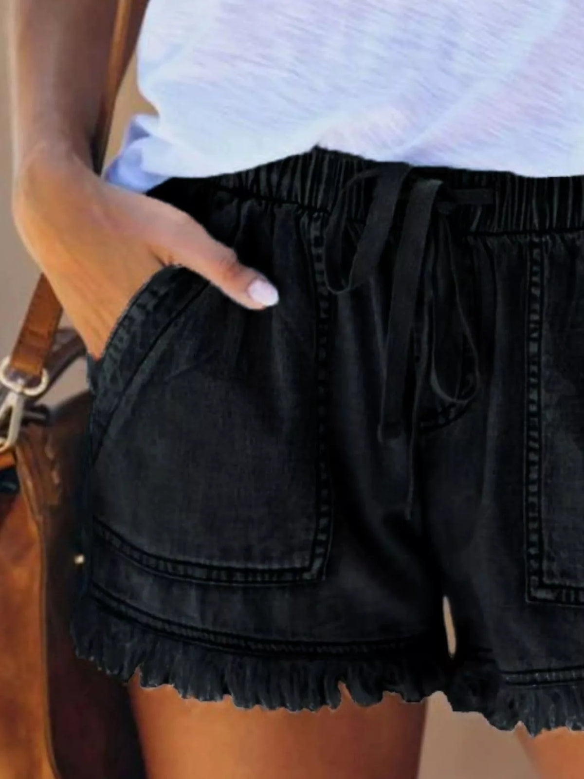 Full Size Drawstring Frayed Hem Denim Shorts Plus Size