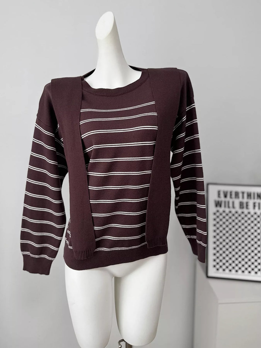Classic Striped Crewneck Knit Top with Layered Sweater Detail