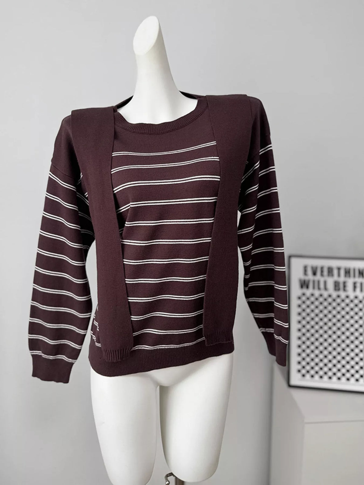 Classic Striped Crewneck Knit Top with Layered Sweater Detail