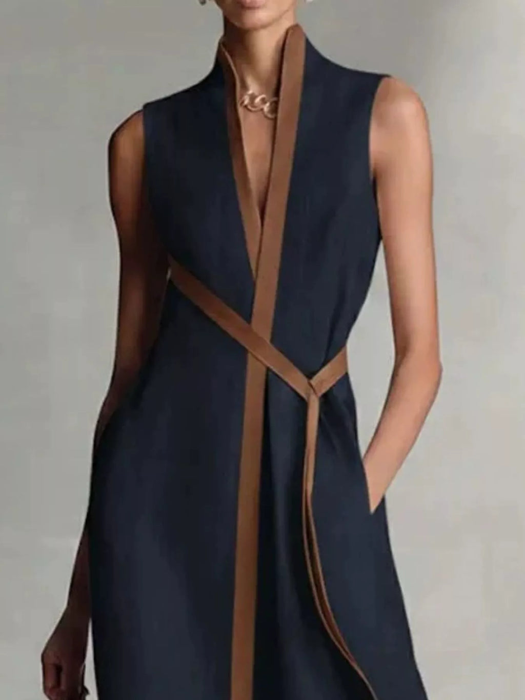 Full Size Sleeveless Wrap Maxi Dress with Contrast Trim Plus Size