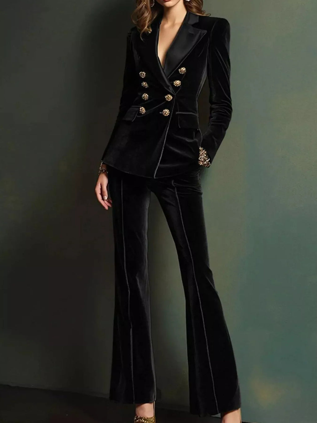 Velvet Double-Breasted Blazer and Flare Pant Set