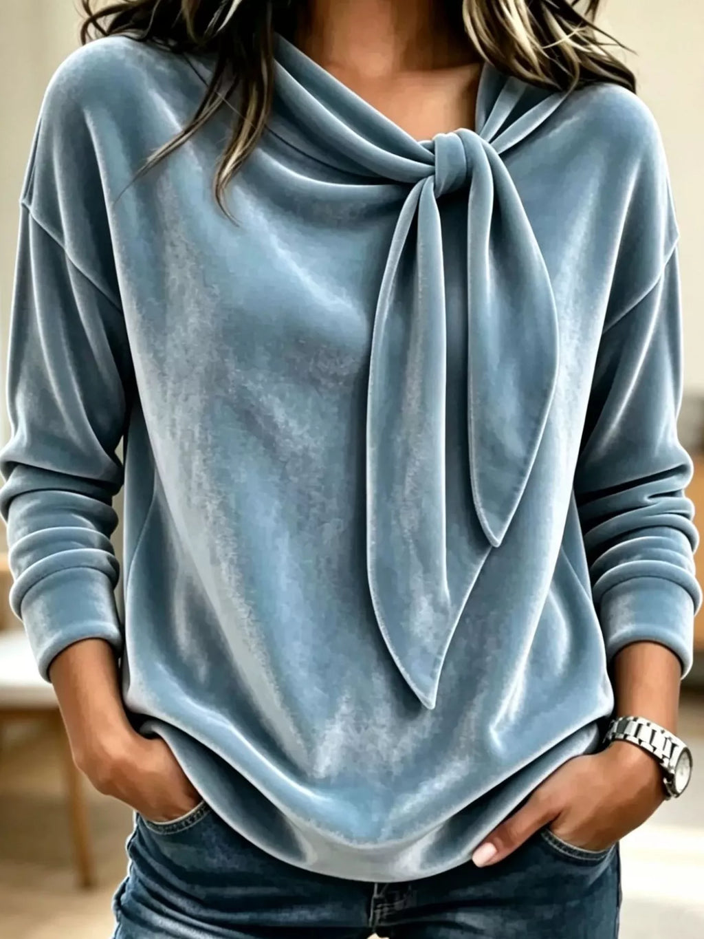 Velvet Tie Front Long Sleeve Sweatshirt