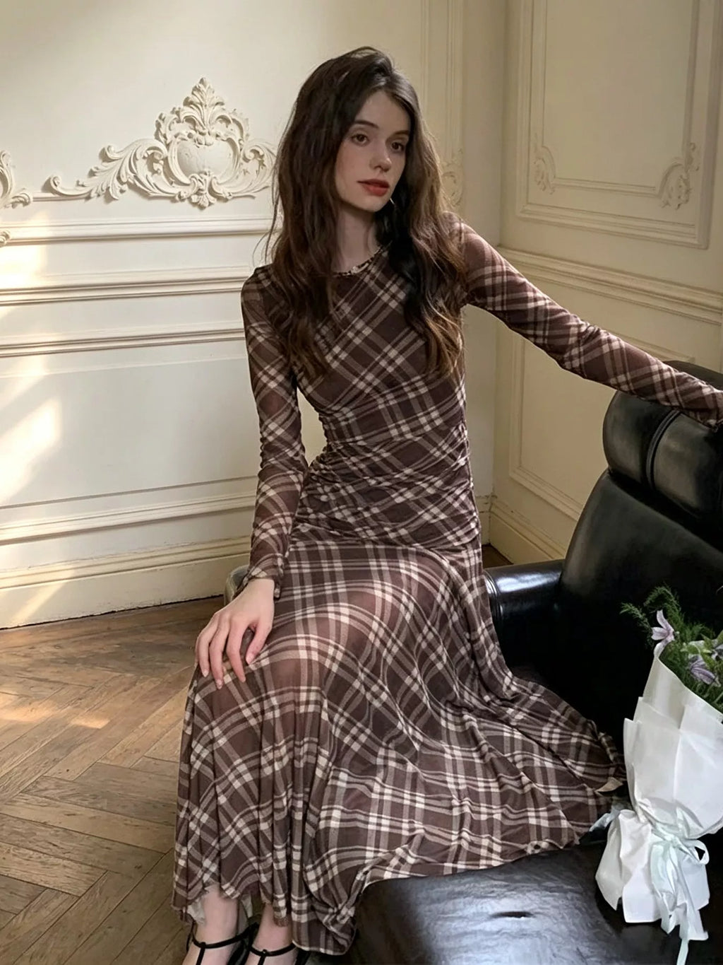 Plaid Long-Sleeve Slim-Fit Maxi Dress