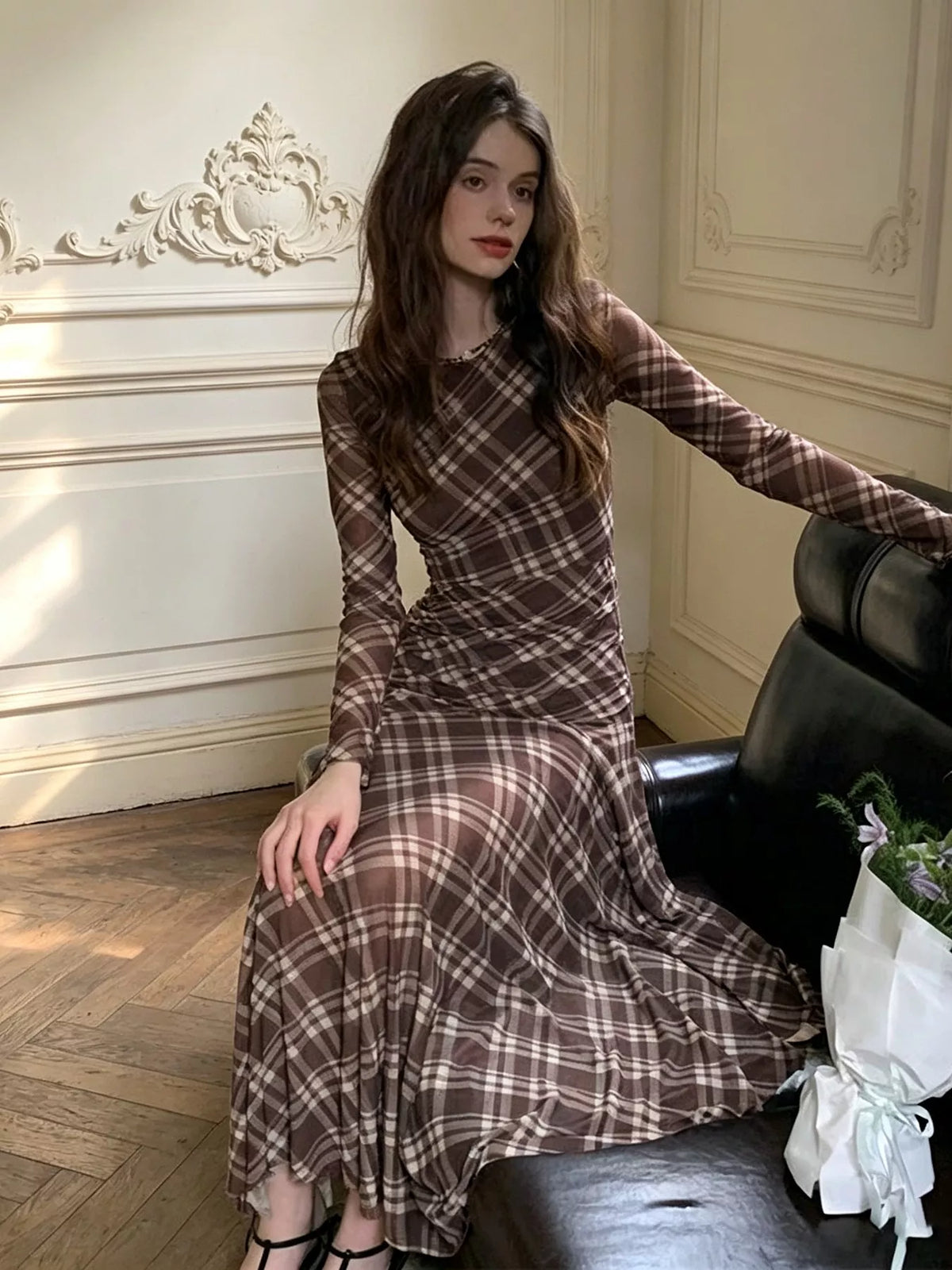 Plaid Long-Sleeve Slim-Fit Maxi Dress