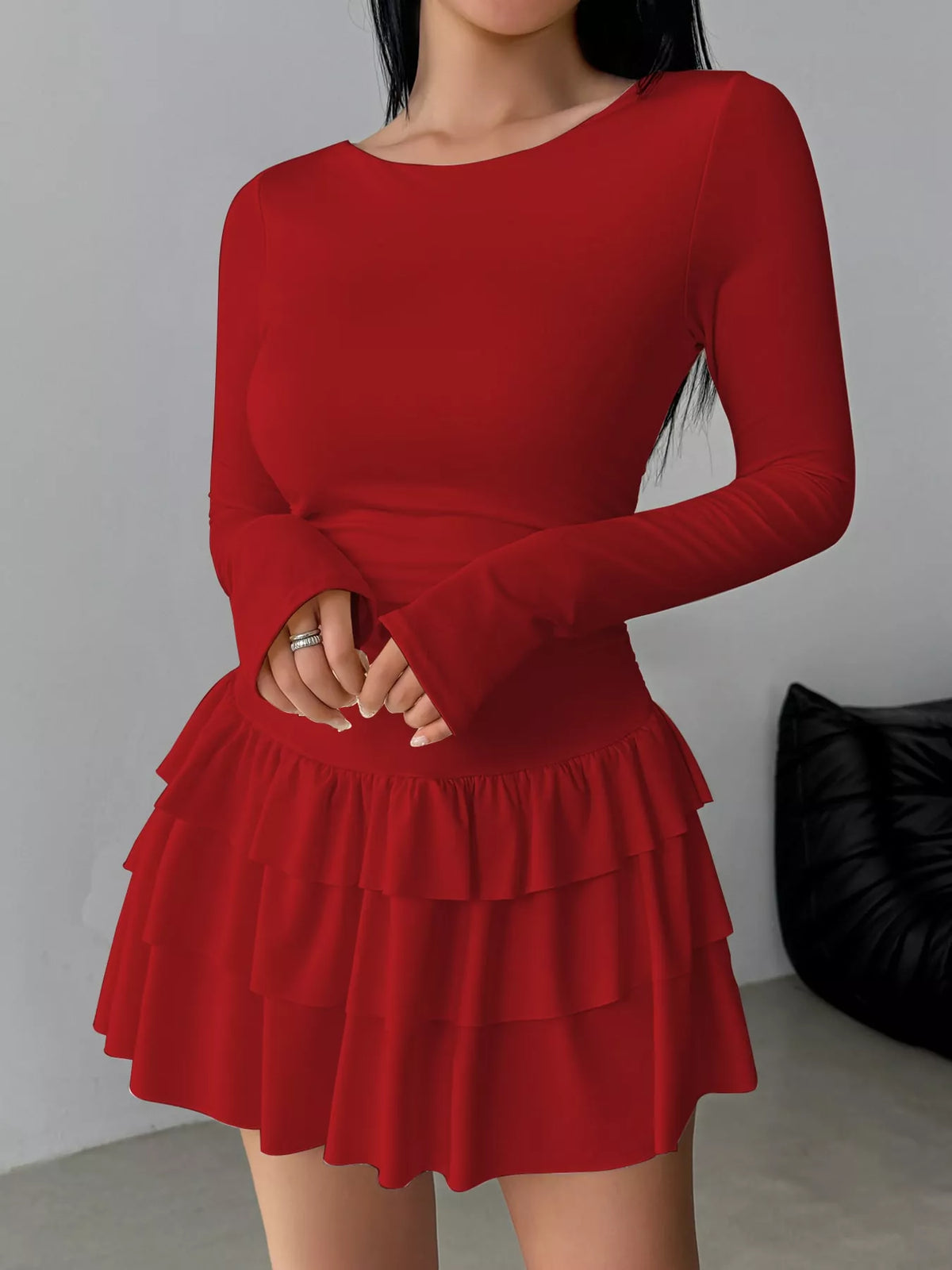 Layered Ruffle Long Sleeve Mini Dress