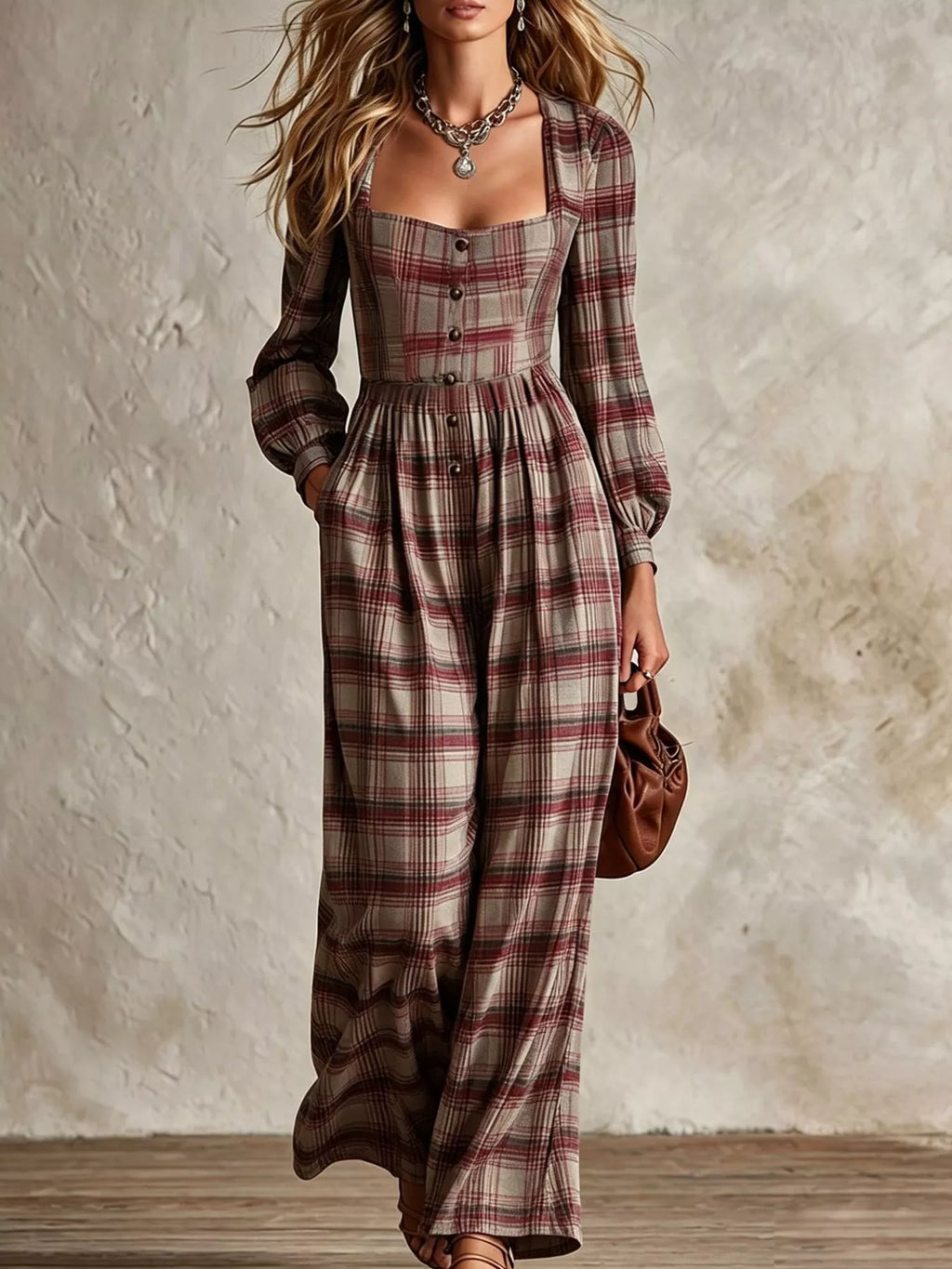Plaid Square Neck Long Sleeve Wide-Leg Jumpsuit