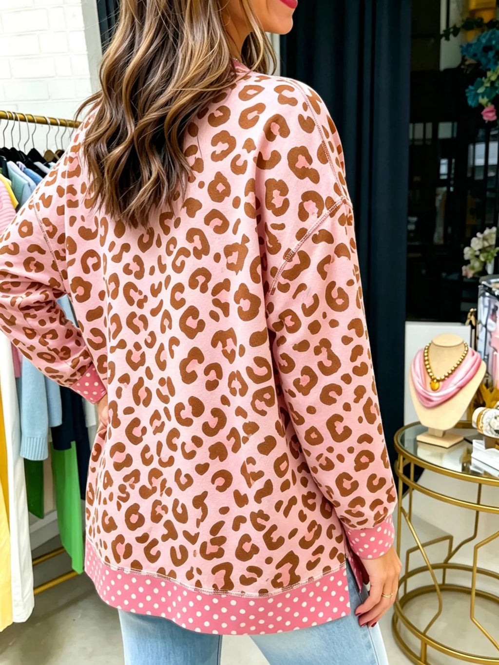 Side Slit Leopard Sweatshirt with Polka Dot Trim