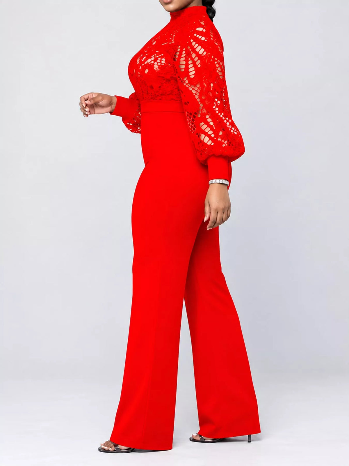 Full Size Lace Lantern Sleeve Flare Jumpsuit Plus Size