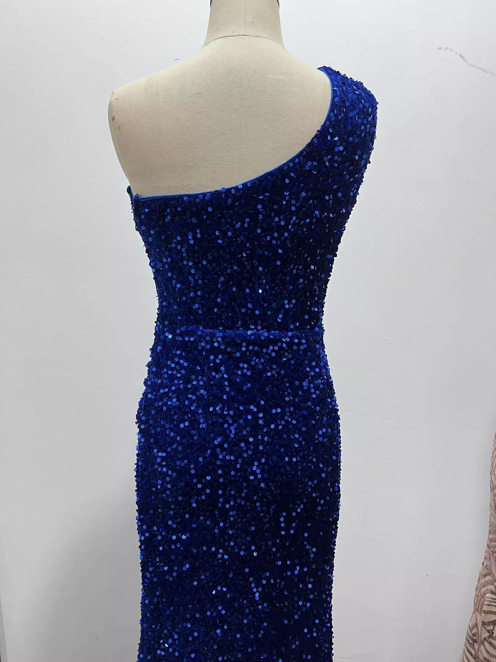 One-Shoulder Ruched Sequin High-Slit Evening Dress