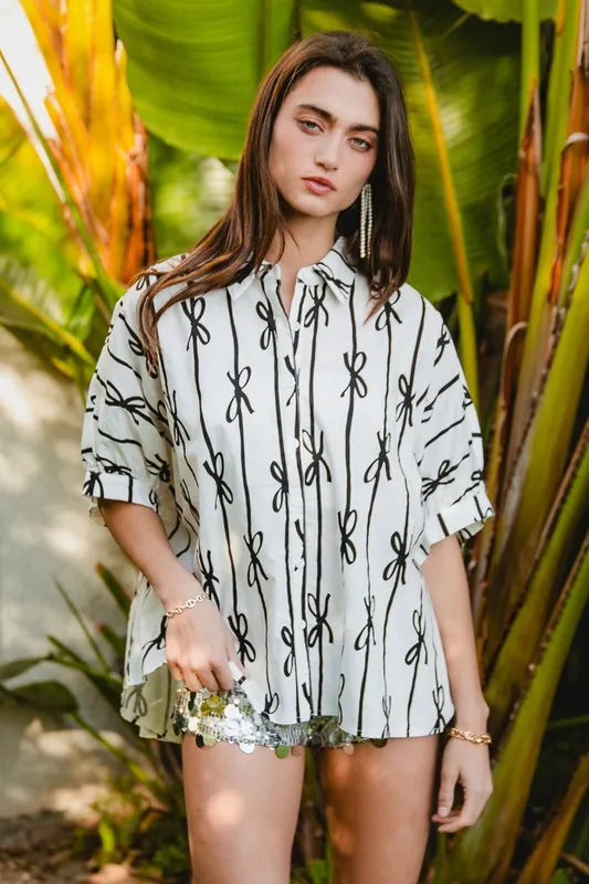 BiBi Bow Ribbon Woven Printed Button Down Shirt