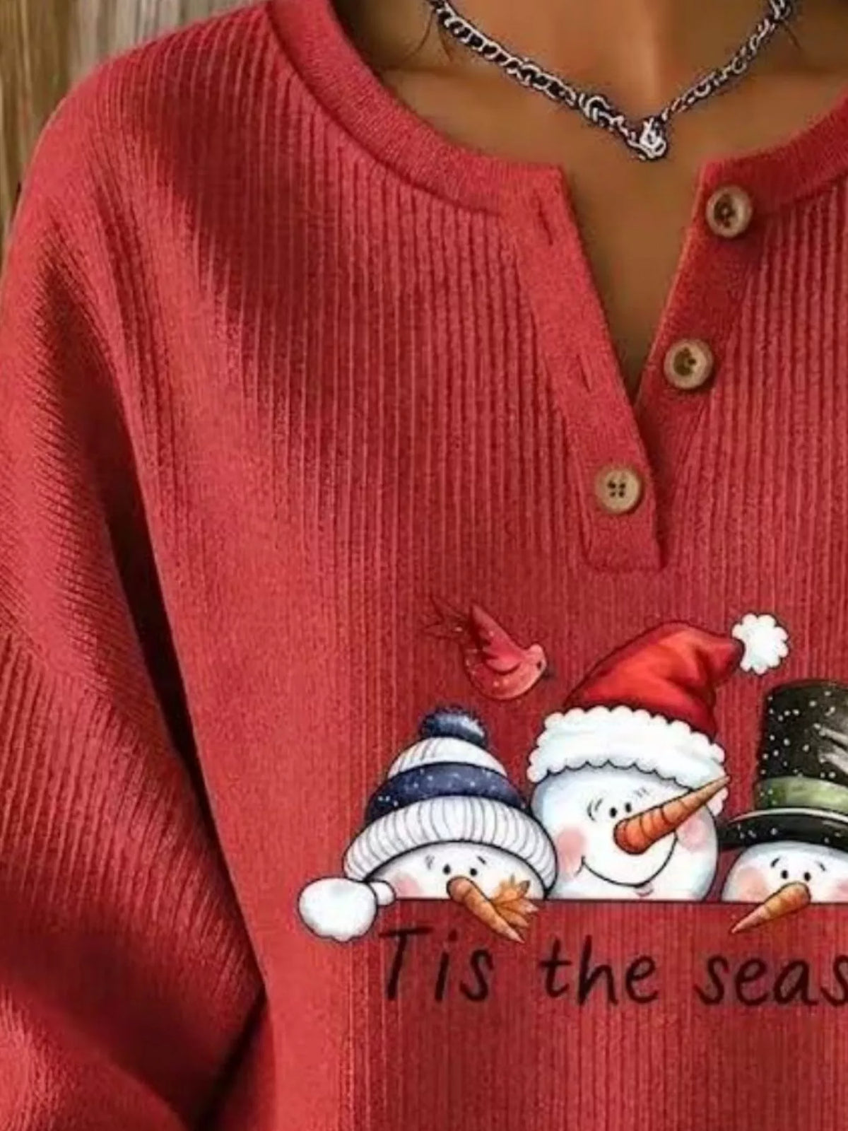 Full Size Christmas Themed Snowman Graphic Ribbed Henley Sweatshirt Plus Size
