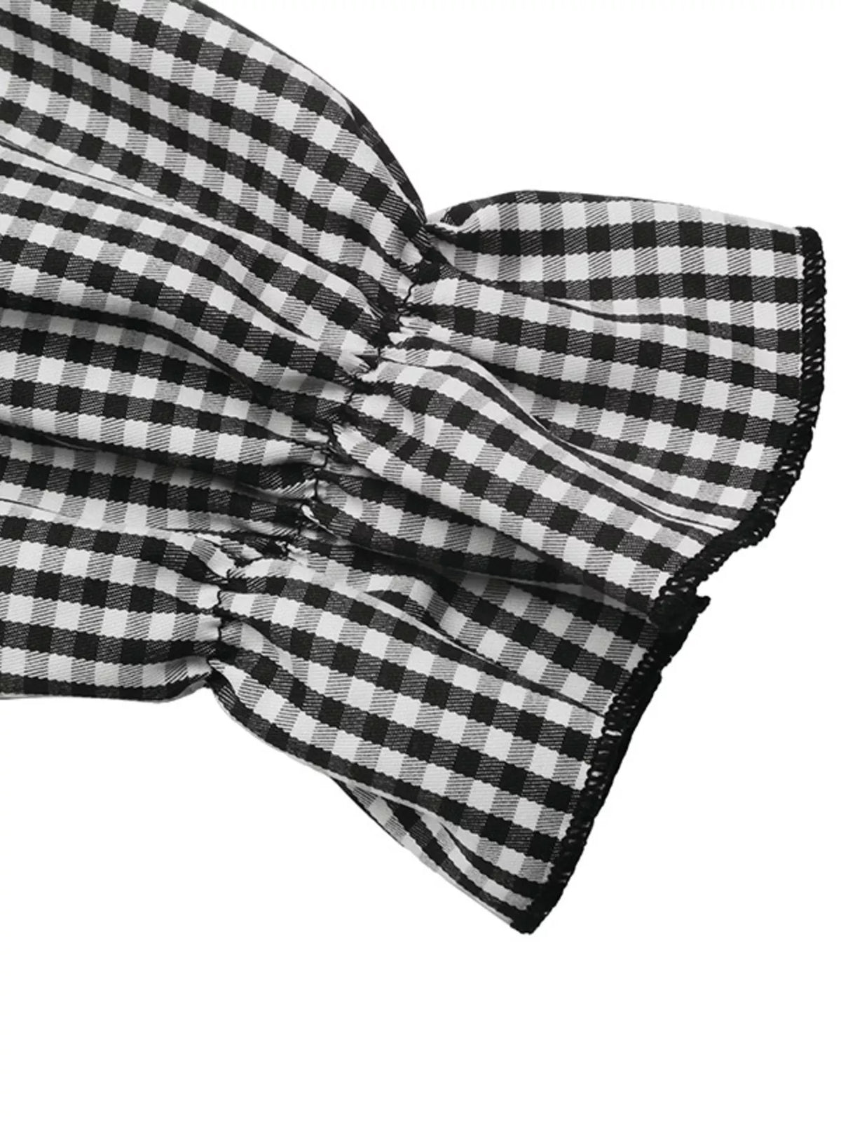 Gingham Lace-Trim V-Neck Long Sleeve A-Line Maxi Dress