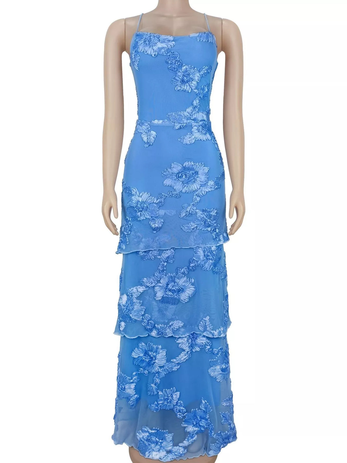 Floral Applique Tiered Maxi Dress with Lace Up Detail