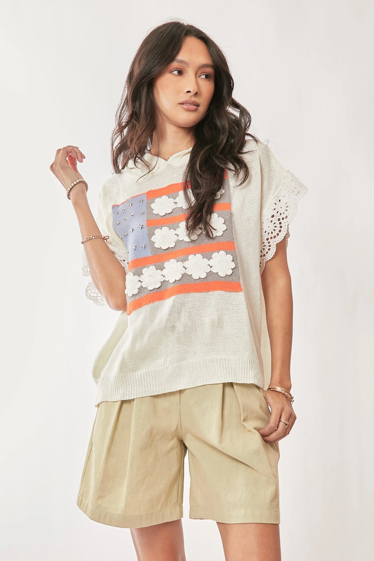 Davi & Dani American Flag Loose Fit Lace Sleeve Hoodie Top