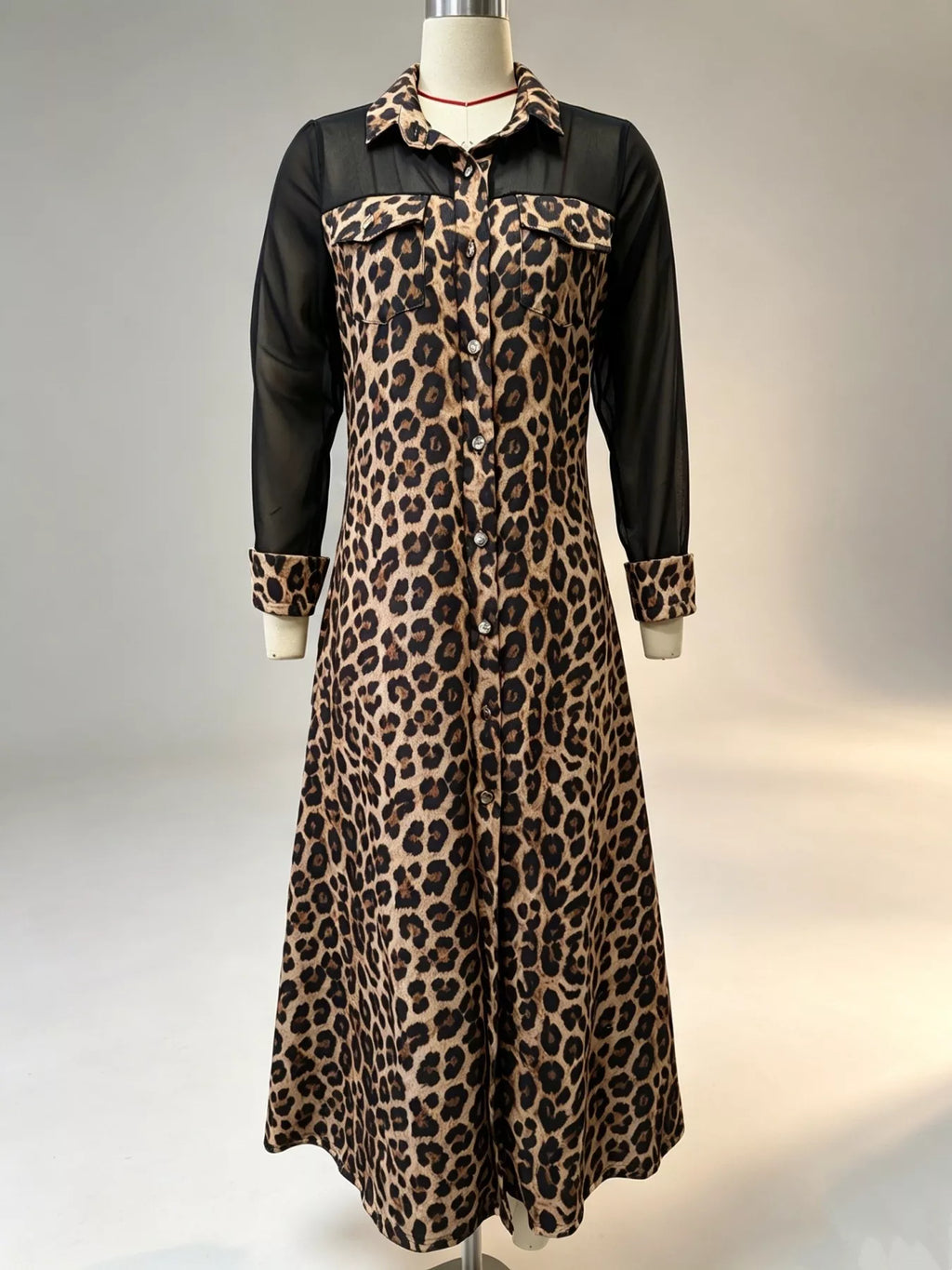 Full Size Leopard Print Sheer Mesh Panel Button-Down Maxi Dress Plus Size