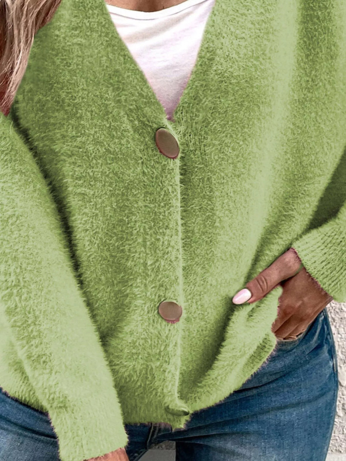 Soft Fuzzy V-Neck Button-Down Cardigan