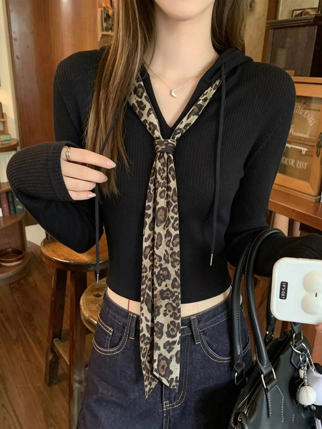 Chic Long Sleeve Hooded T-Shirt with Leopard Scarf Detail
