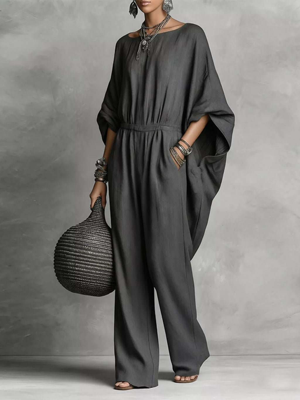 Full Size Boat Neck Batwing Sleeve Wide-Leg Jumpsuit Plus Size
