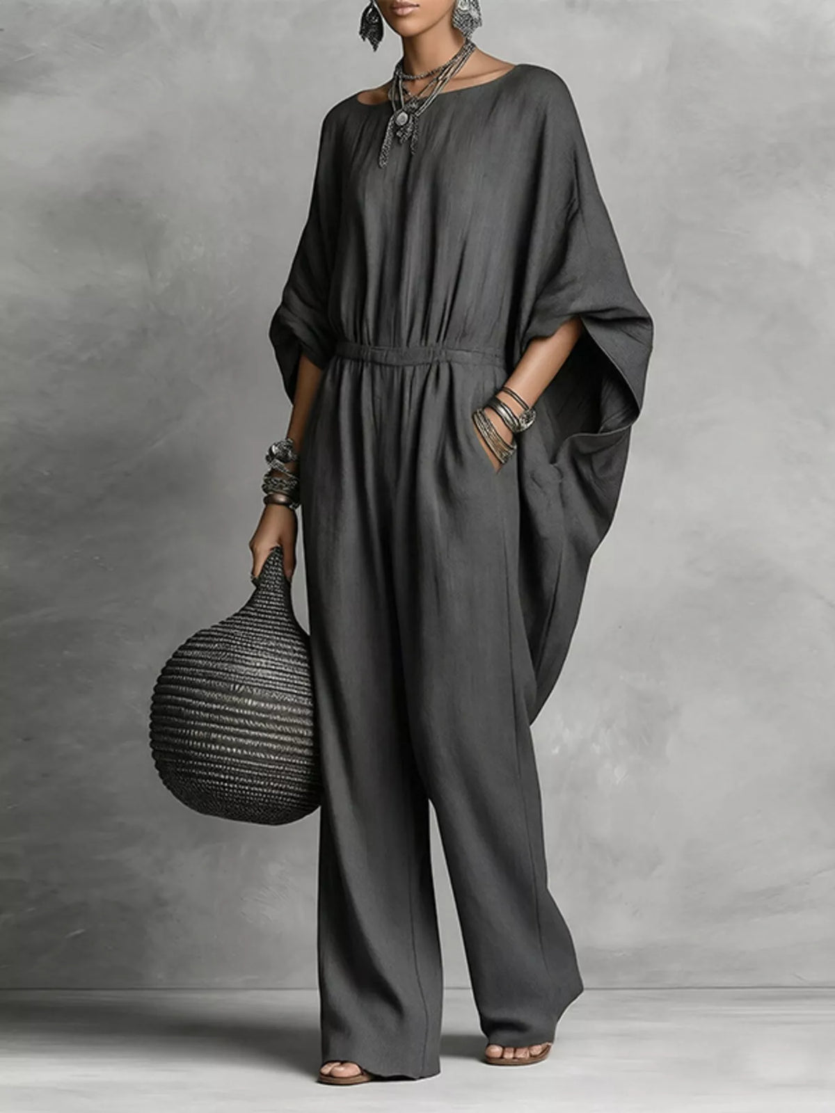 Full Size Boat Neck Batwing Sleeve Wide-Leg Jumpsuit Plus Size