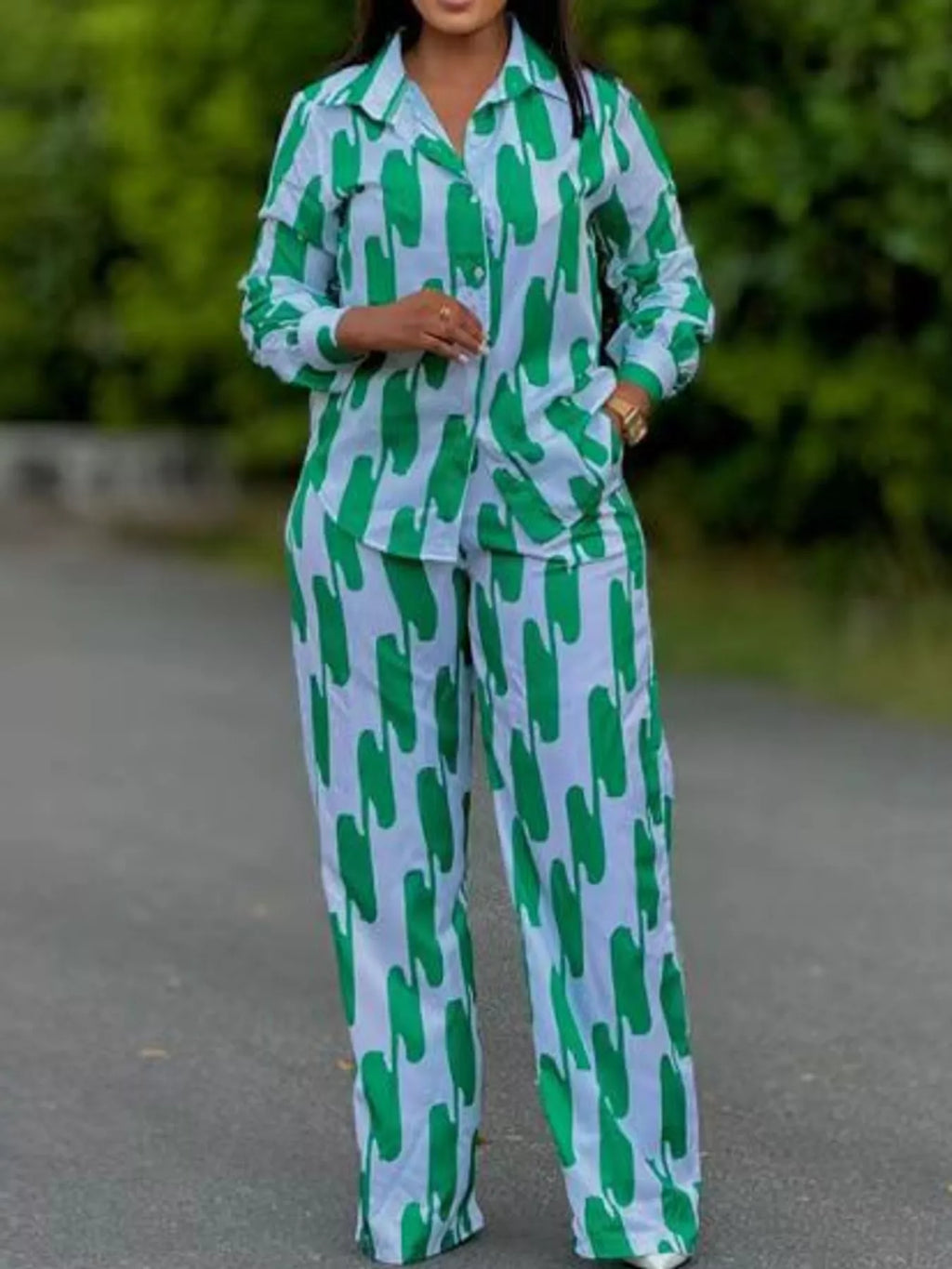 Striped Button-Down Shirt and Wide-Leg Pants Two-Piece Set