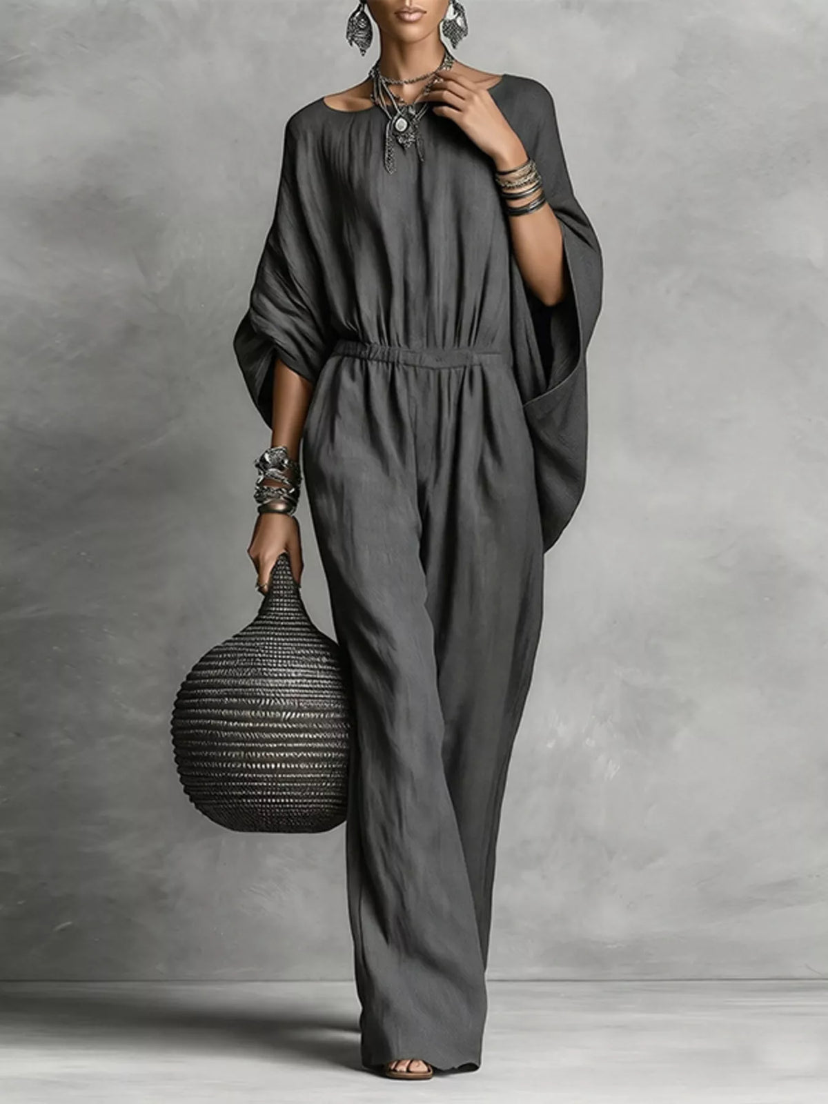 Full Size Boat Neck Batwing Sleeve Wide-Leg Jumpsuit Plus Size